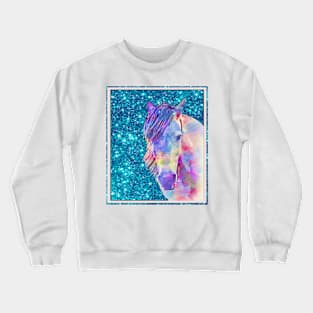 Horse Head Abstract Turquoise Blue Glitter Crewneck Sweatshirt